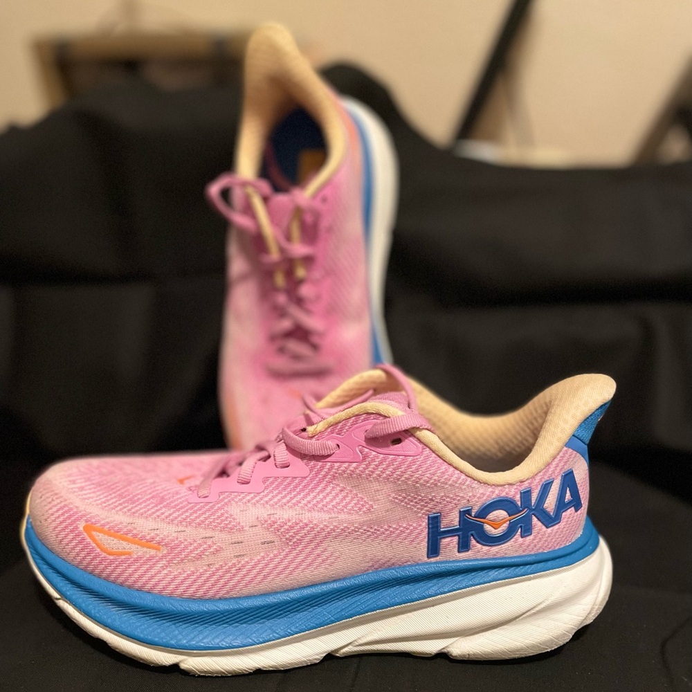 Hoka Pink and Blue Athletic Shoes